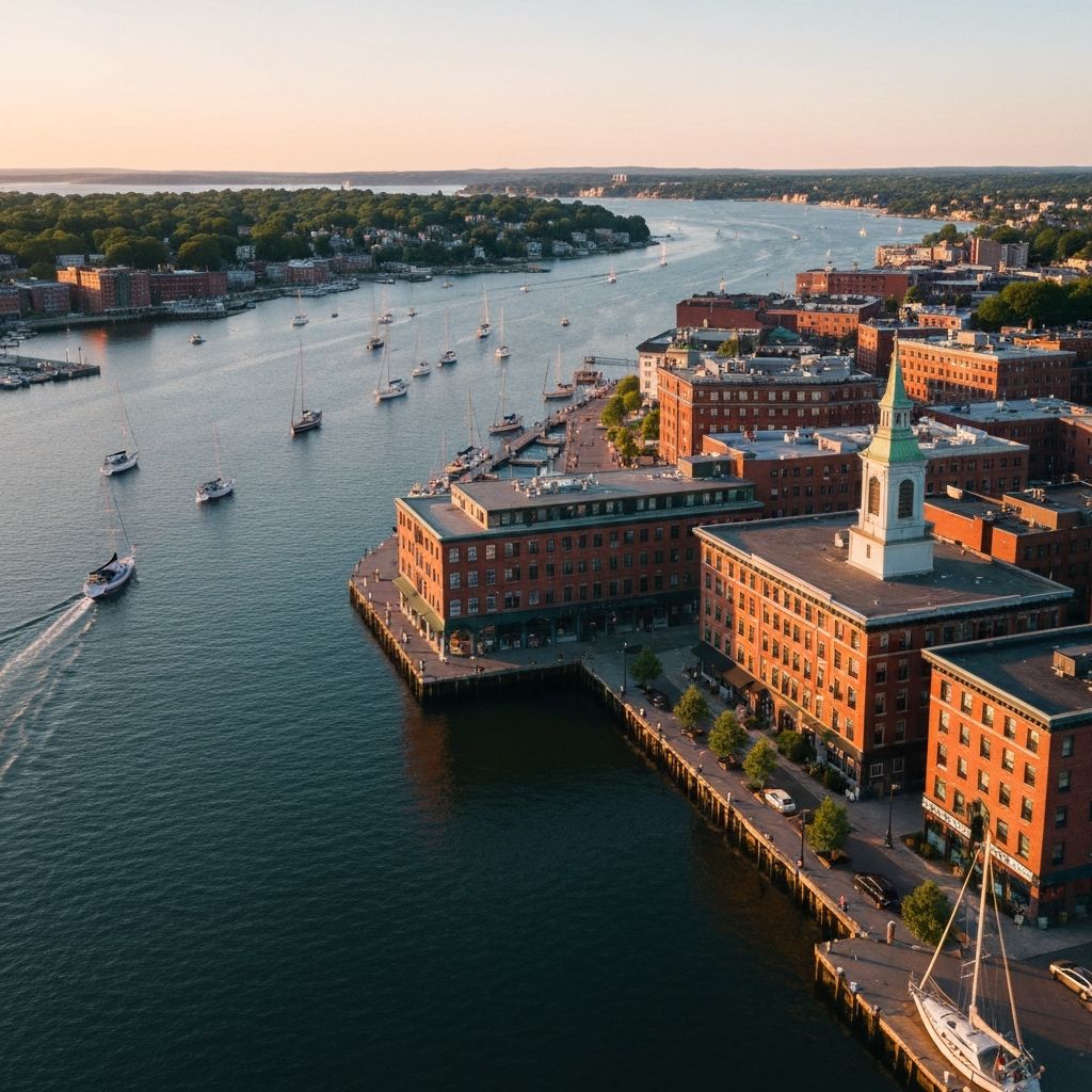 Portland Maine waterfront at sunset with historic brick buildings along the harbor