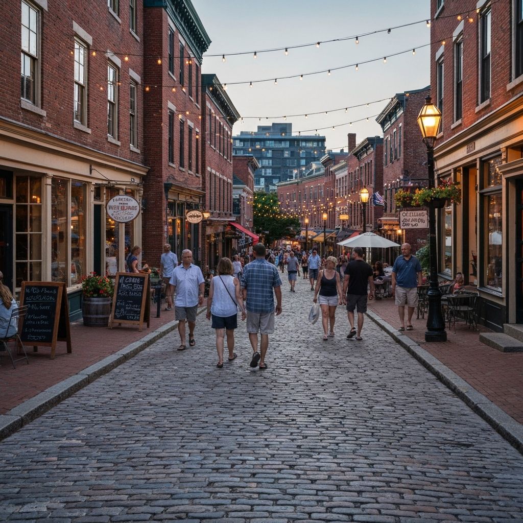 Portland Maine Old Port neighborhood with historic brick buildings, boutique shops, and outdoor dining